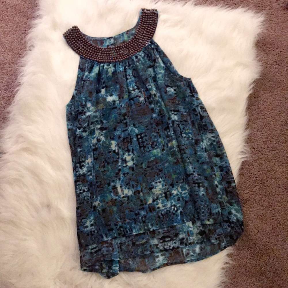 adiva Blue and brown beaded collar sleeveless top